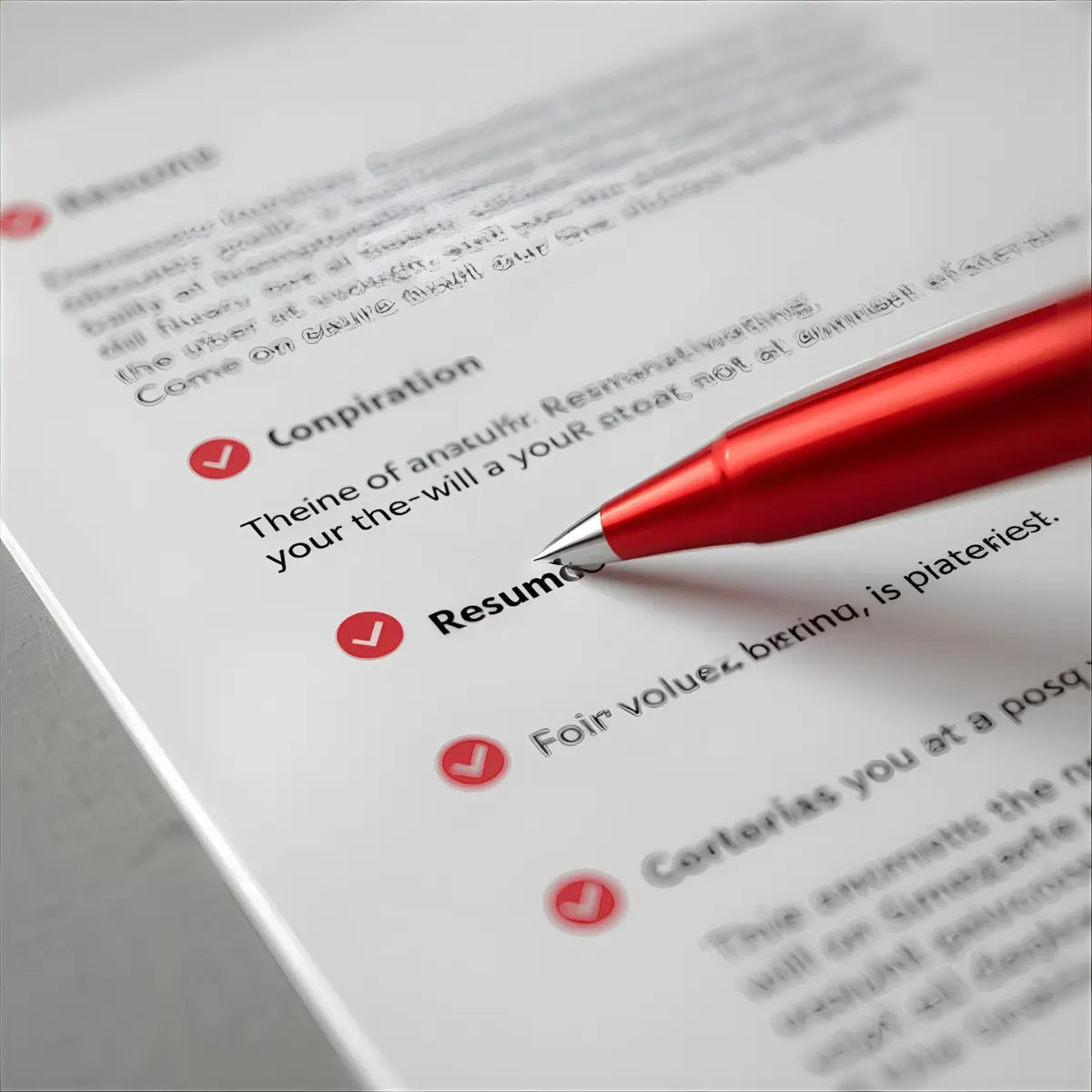 Printed resume with red pen and checklist of common mistakes