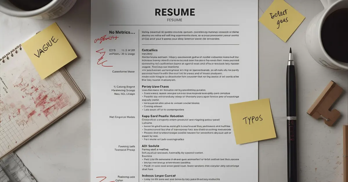 Resume on desk with sticky notes highlighting mistakes
